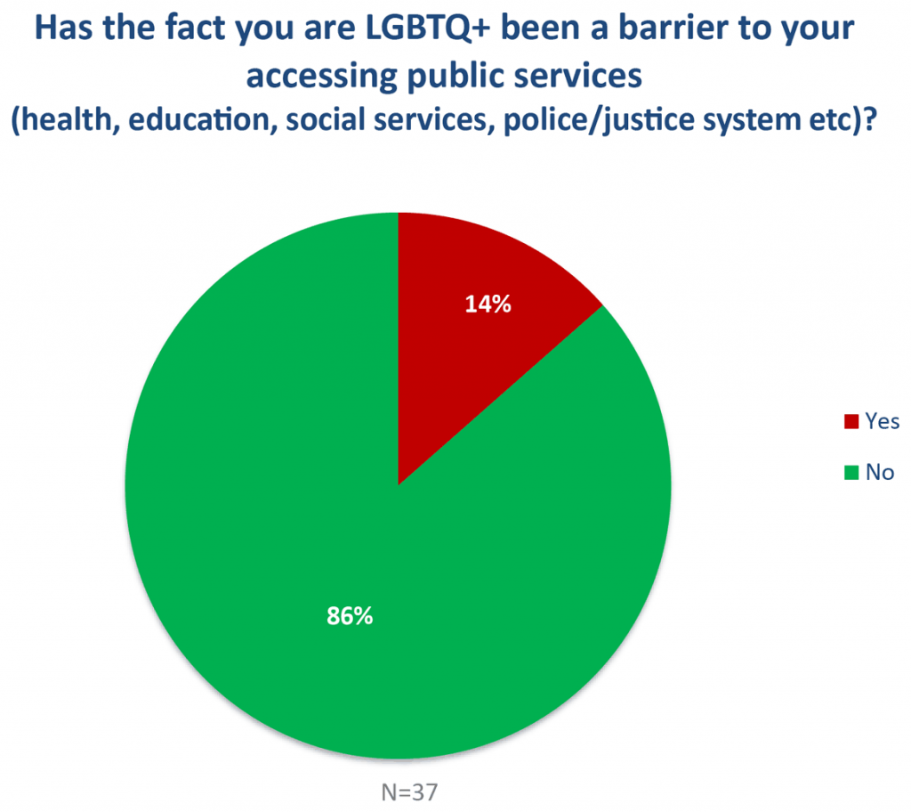 Has the fact you are LGBTQ+ been a barrier to your accessing public services (health, education, social services, police/justice system etc)? (pie chart)